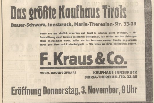 Eine Ankündigung der Übernahme des Warenhauses Bauer und Schwarz in "arischen" Besitz, 1938