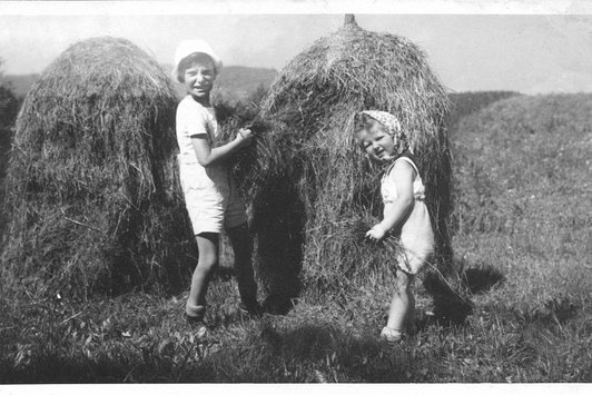 Zwei junge Kinder spielen mit Heuhaufen