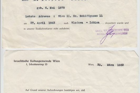 Ein Benachrichtigungsschein der Israelitischen Kultusgemeinde Wiens