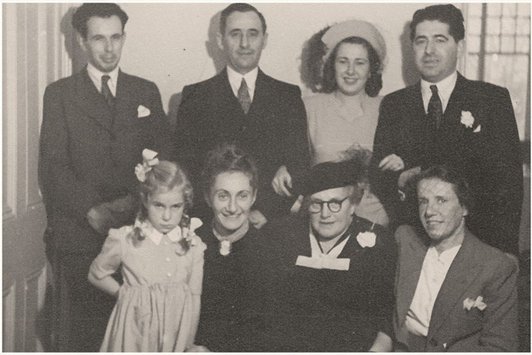 Das Hochzeitsfoto eines Brautpaares mit Angehörigen